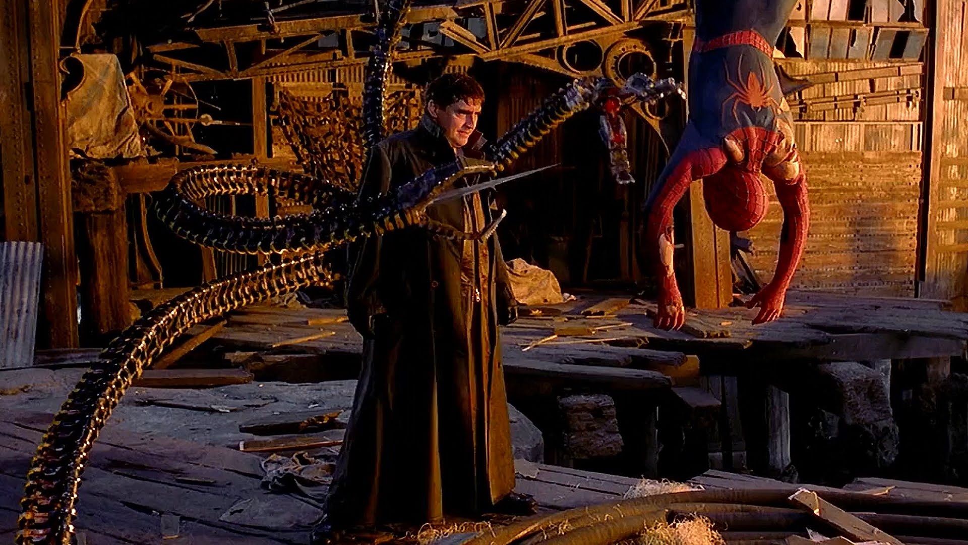 Dr Octopus (Alfred Molina) holds Spider-Man (Tobey Maguire) captive in Spider-Man 2 (2004)