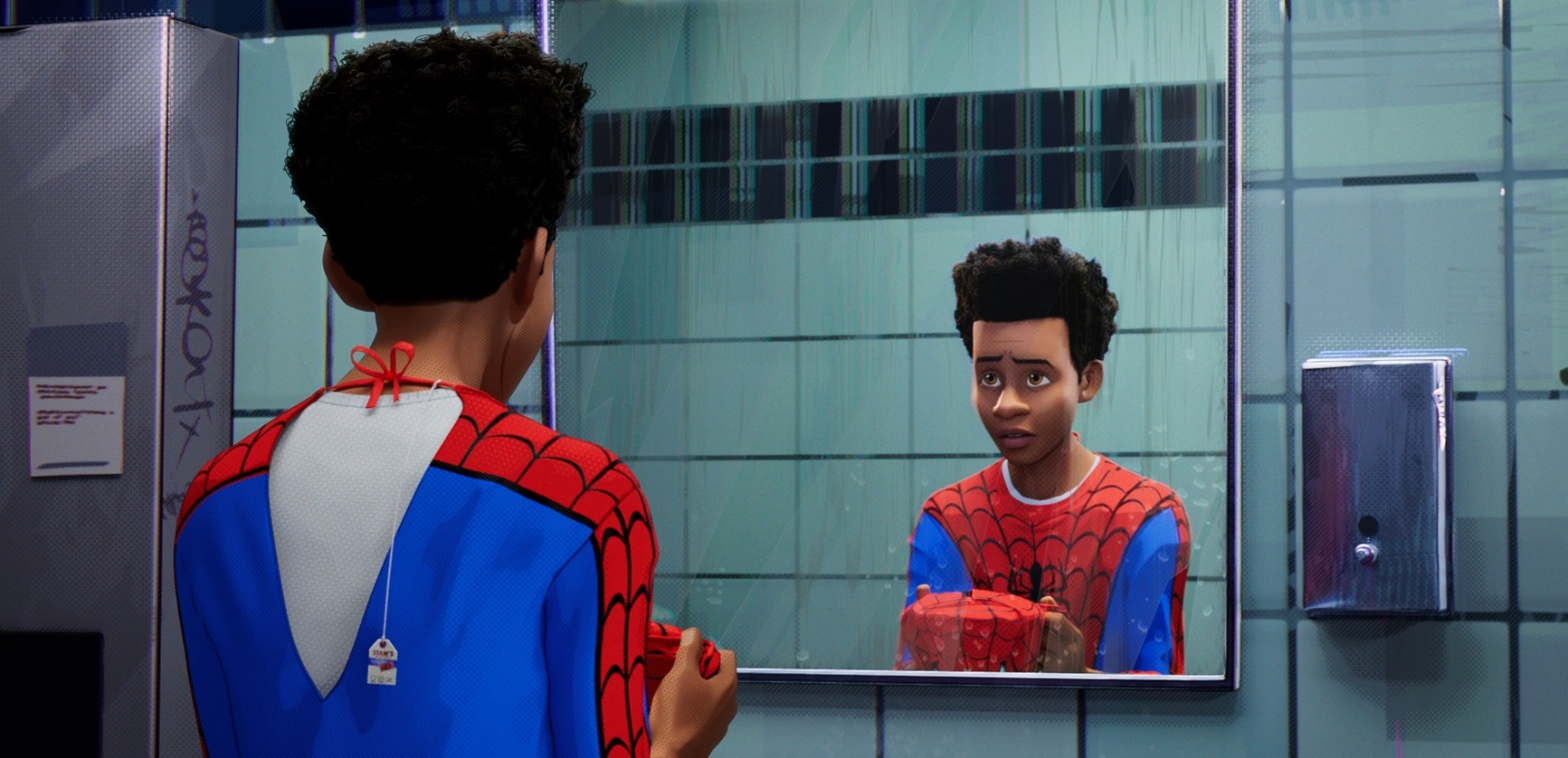 Miles Morales (voiced by Shameik Moore), inheritor of the Spider-Man costume in Spider-Man: Into the Spider-Verse (2018)