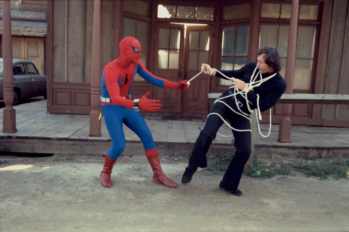 Spider-Man (Nicholas Hammond) fighting goons on a movie studio backlot in Spider-Man Strikes Back (1979)