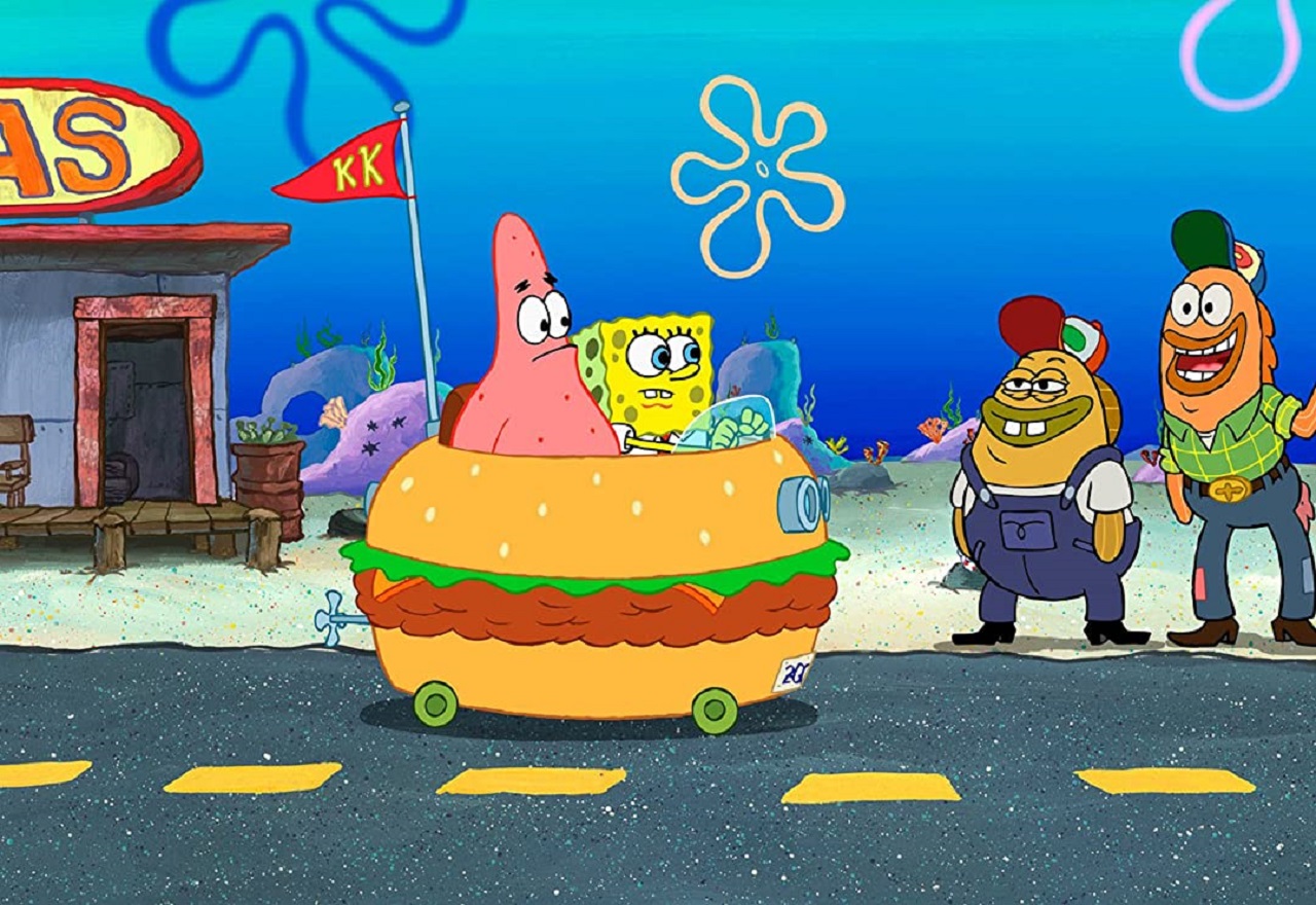 Patrick and Spongebob arrive at the county line in The Spongebob Squarepants Movie (2004)