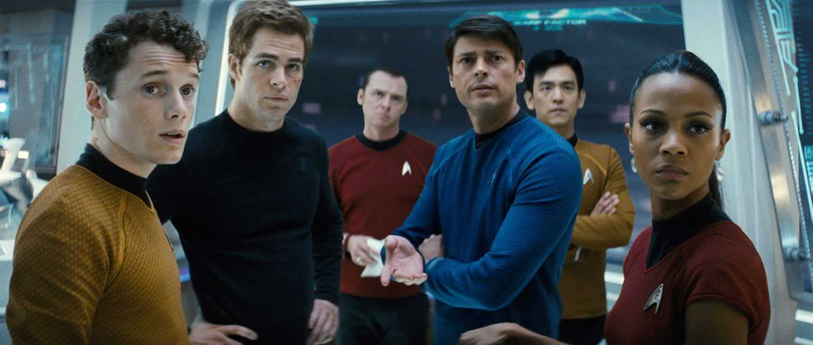 Chekov (Anton Yelchin), Captain Kirk (Chris Pine), Mr Scott (Simon Pegg), Dr McCoy (Karl Urban), Sulu (John Cho) and Uhura (Zoe Saldana) in Star Trek (2009)