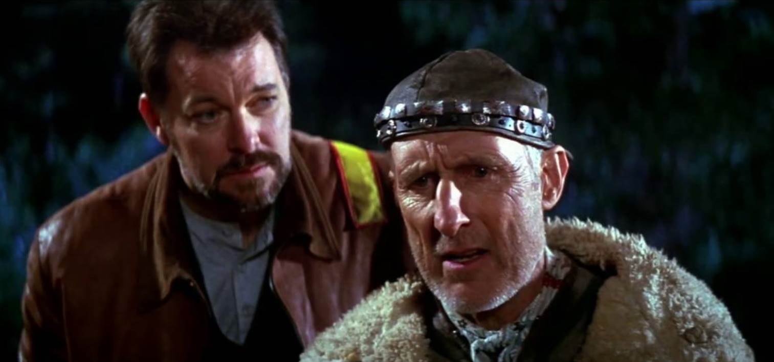 Will Riker (Jonathan Frakes who also directs the film) and Zefram Cochrane (James Cromwell), the inventor of the warp drive in Star Trek: First Contact (1996)