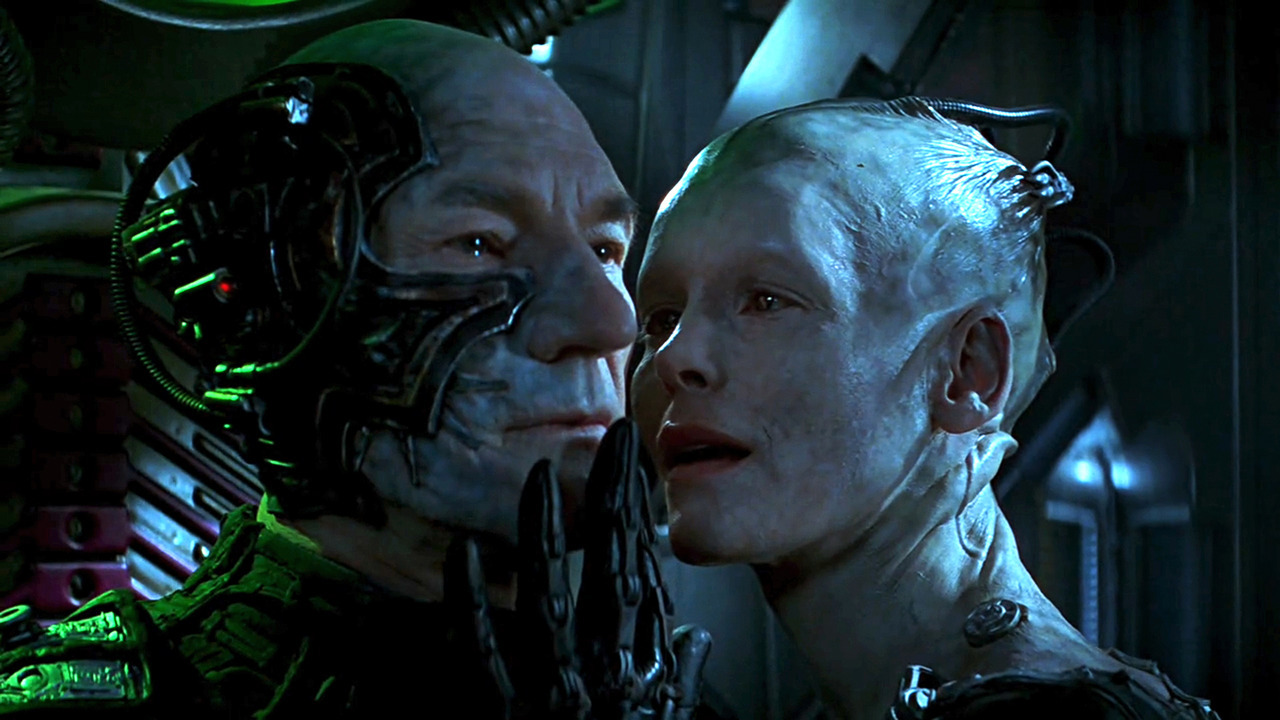 A Borgified Captain Picard (Patrick Stewart) and the Borg Queen (Alice Krige) in Star Trek: First Contact (1996)