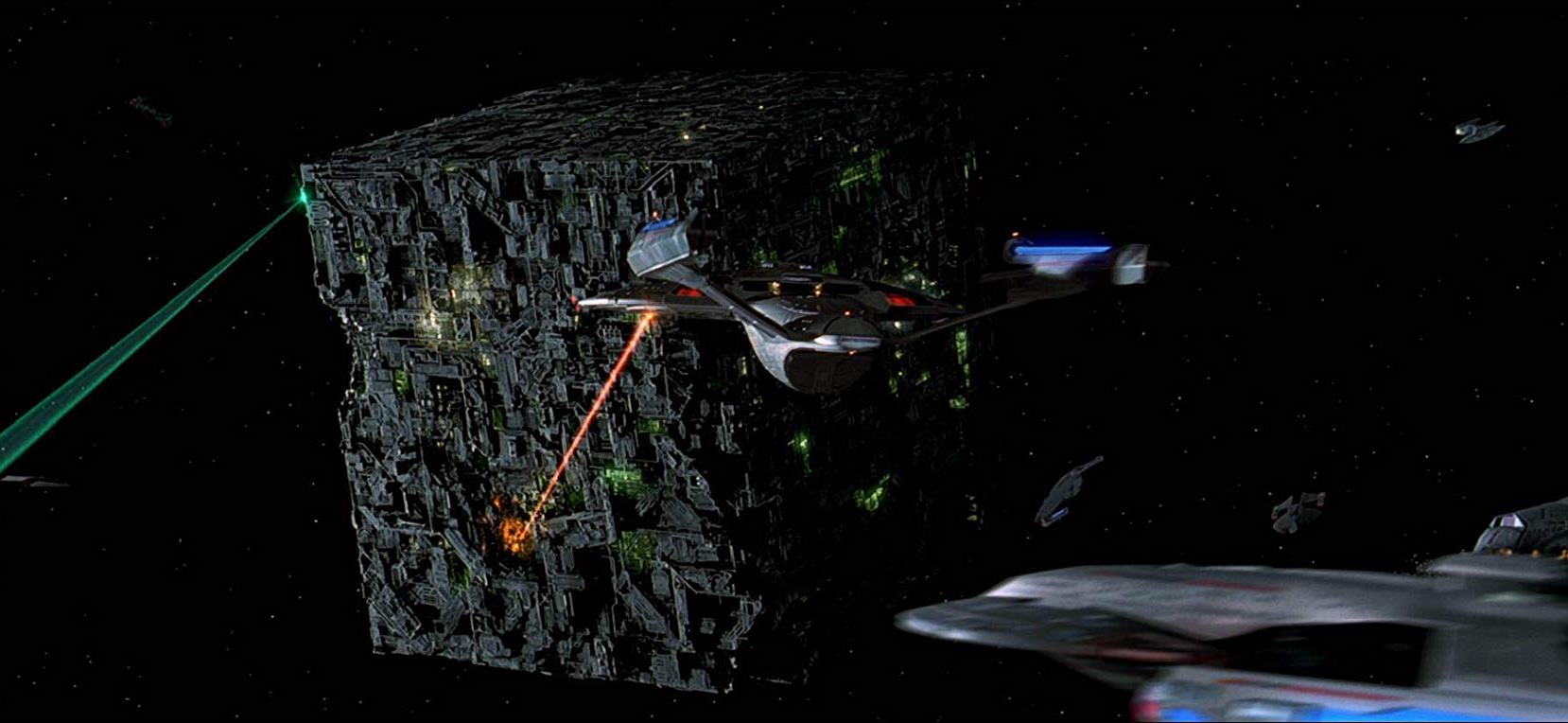 The Enterprise versus the Borg cube in Star Trek: First Contact (1996)