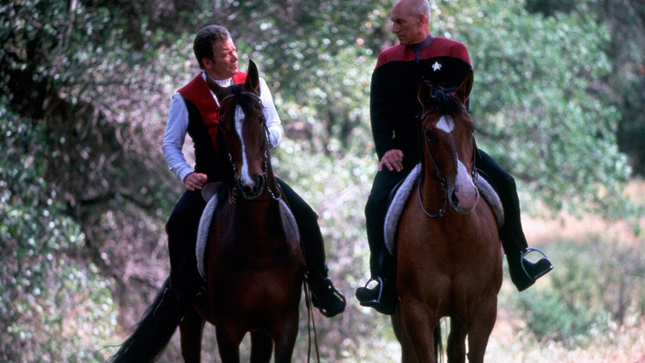 Meeting between Classic Trek and The Next Generation - Captains Kirk (William Shatner) and Picard (Patrick Stewart) meet for a horse ride in The Nexus in Star Trek: Generations (1994)