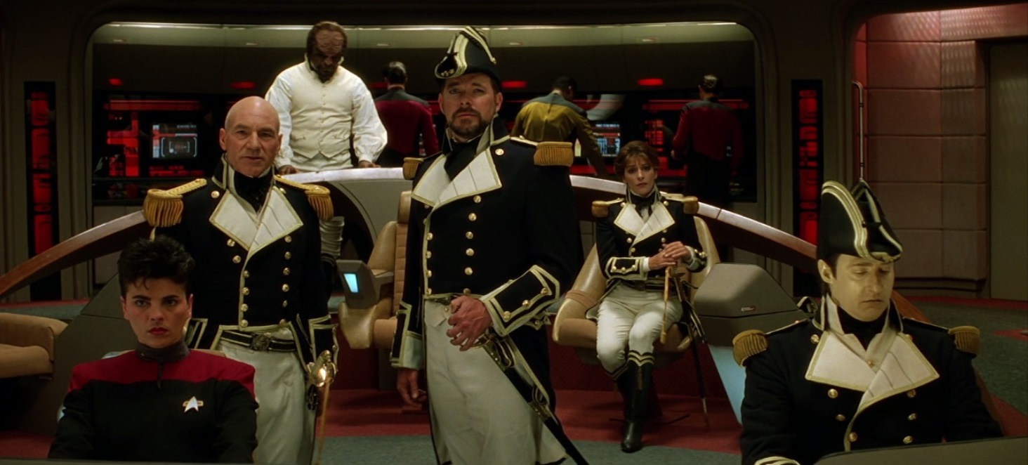 The Enterprise D bridge crew - Tracee Cocco, Captain Picard (Patrick Stewart), Worf (Michael Dorn), Commander Riker (Jonathan Frakes), Counselor Troi (Marina Sirtis) and Data (Brent Spiner) in Star Trek: Generations (1994)