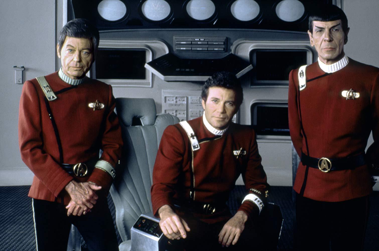 Dr McCoy (DeForest Kelley), Captain Kirk (William Shatner) and Mr Spock (Leonard Nimoy) in Star Trek II: The Wrath of Khan (1982)