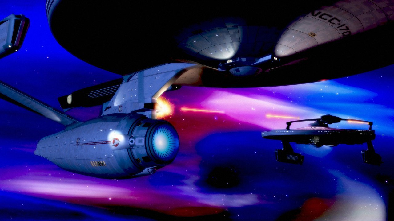 The Enterprise and The Reliant maneuver through the nebula in Star Trek II: The Wrath of Khan (1982)