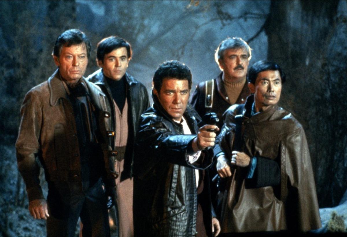 The Enterprise crew on the Genesis World - Dr McCoy (DeForest Kelley), Chekov (Walter Koenig), Captain Kirk (William Shatner), Mr Scott (James Doohan) and Sulu (George Takei) in Star Trek III: The Search for Spock (1984)