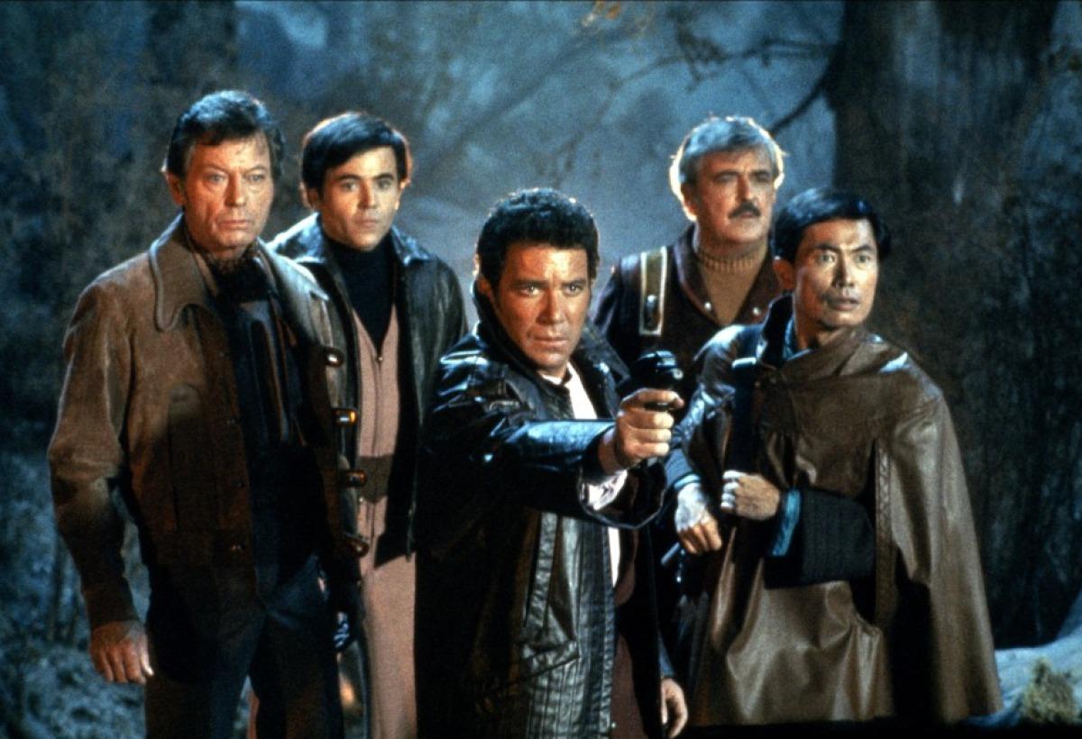 The Enterprise crew on the Genesis World - Dr McCoy (DeForest Kelley), Chekov (Walter Koenig), Captain Kirk (William Shatner), Mr Scott (James Doohan) and Sulu (George Takei) in Star Trek III: The Search for Spock (1984)