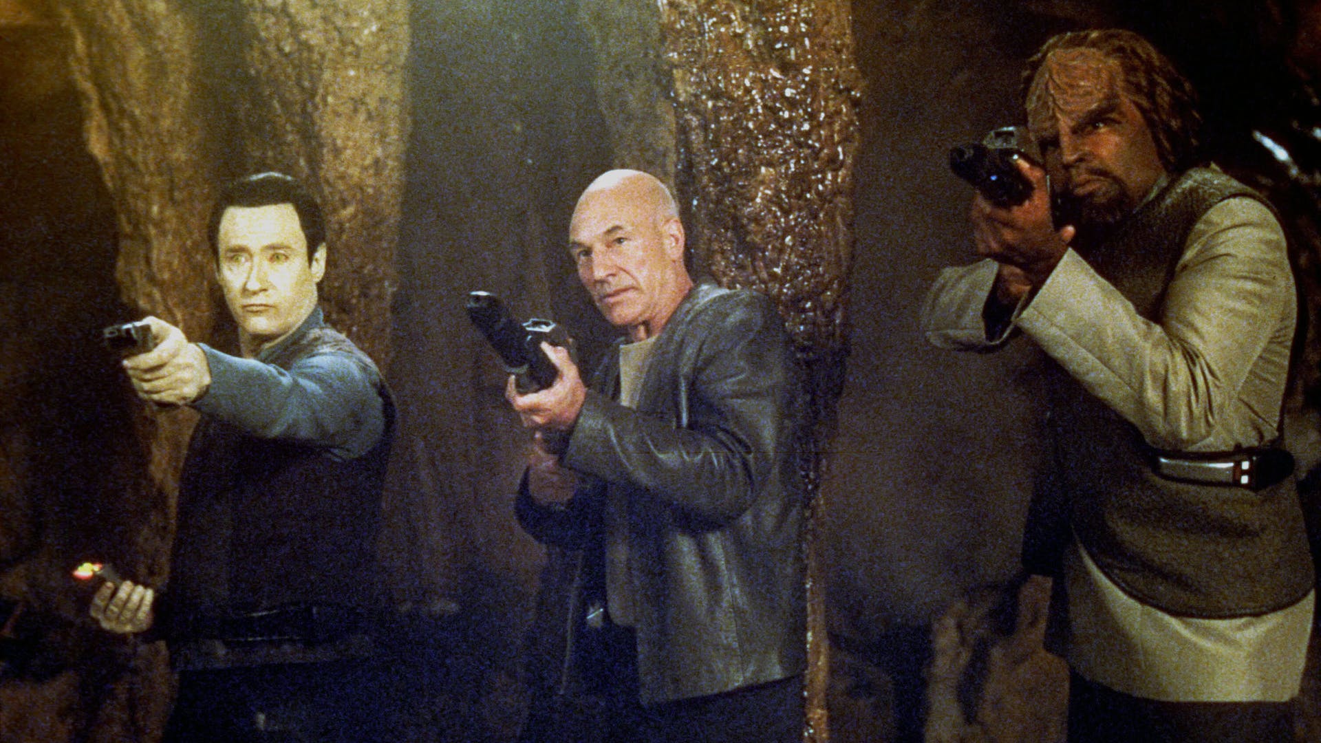 Data (Brent Spiner), Captain Picard (Patrick Stewart) and Worf (Michael Dorn) in Star Trek: Insurrection (1998)