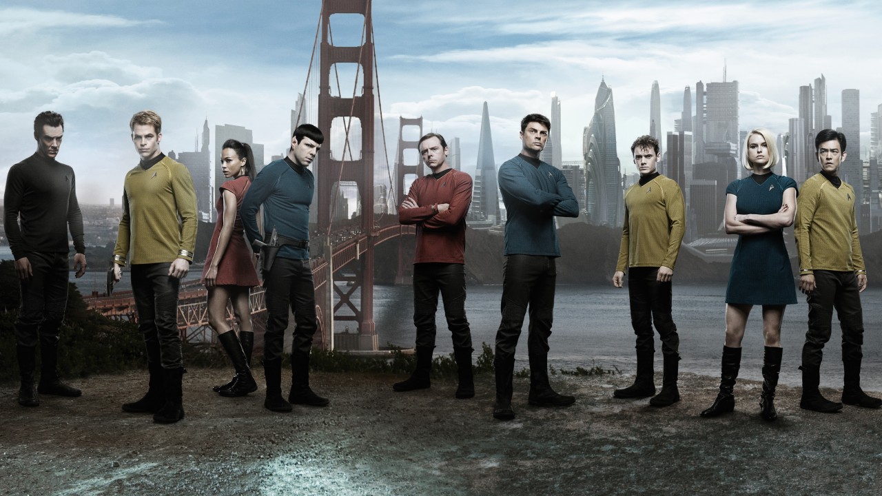 Khan (Benedict Cumberbatch), Captain Kirk (Chris Pine), Uhura (Zoe Saldana), Mr Spock (Zachary Quinto), Mr Scott (Simon Pegg), Dr McCoy (Karl Urban), Chekov (Anton Yelchin), Carol Marcus (Alice Eve) and Sulu (John Cho) in Star Trek Into Darkness (2013)