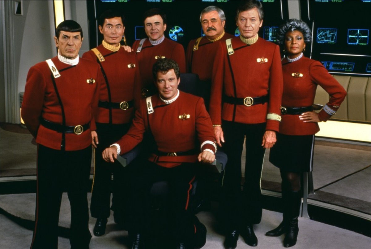 The Enterprise crew - Spock (Leonard Nimoy), Sulu (George Takei), Chekov (Walter Koenig), Mr Scott (James Doohan), Dr McCoy (DeForest Kelley), Uhura (Nichelle Nichols) and with Captain Kirk (William Shatner who also doubles as the director) in Star Trek V: The Final Frontier (1989)