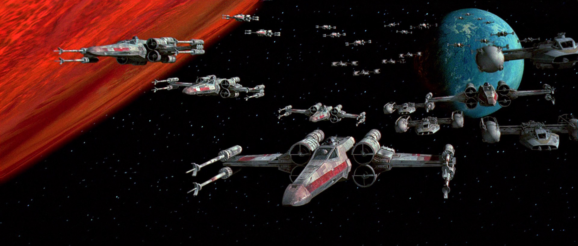 The X-wing squadron departs Yavin in Star Wars (1977)