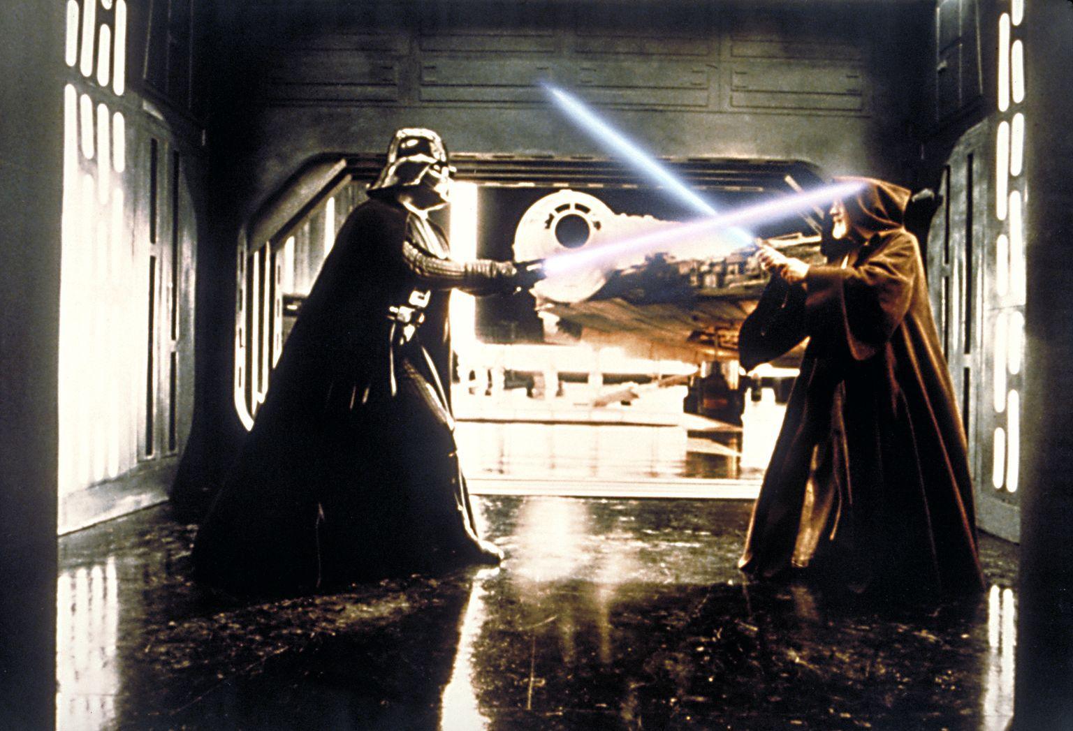 Lightsabre duel between Darth Vader (David Prowse) and Ben Kenobi (Alec Guinness)