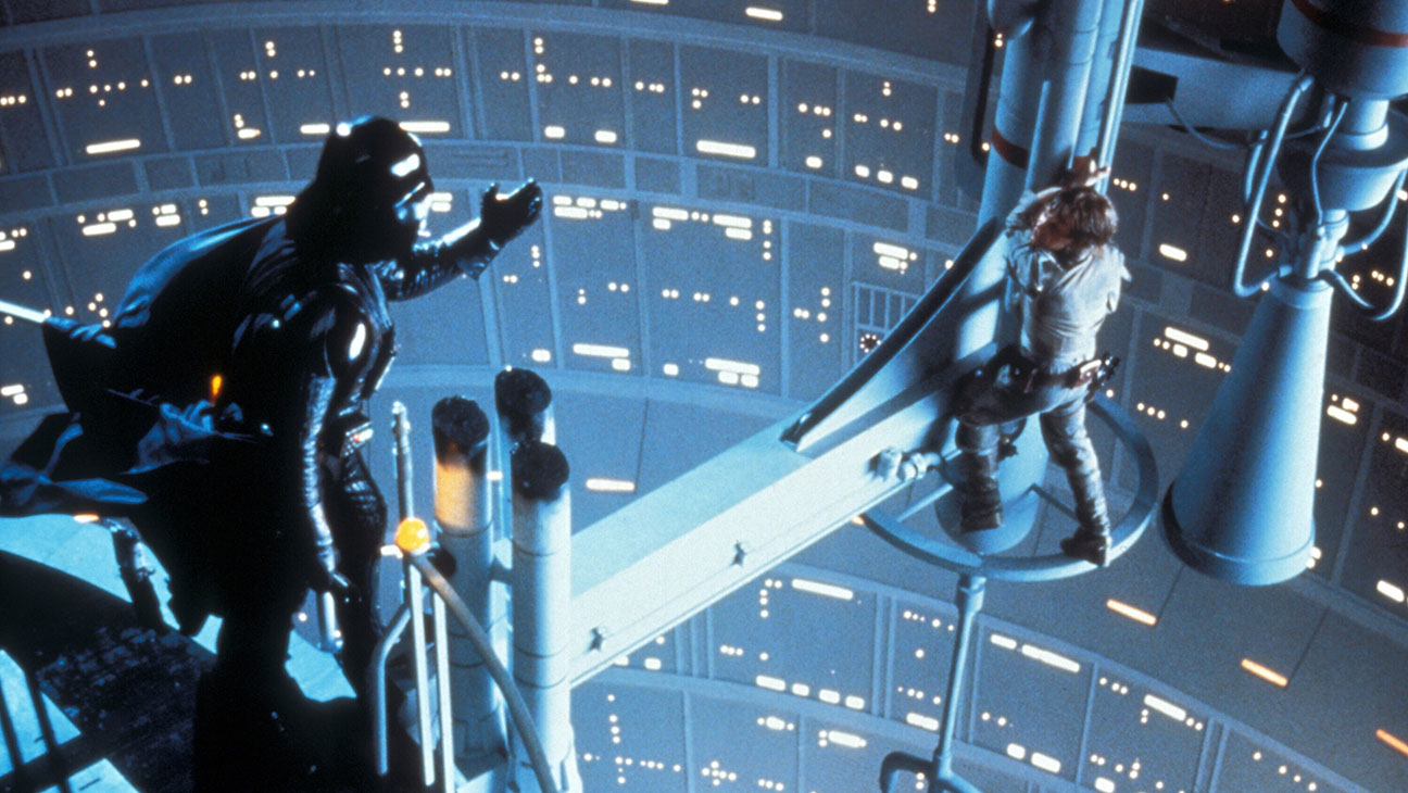 Showdown between Darth Vader (Dave Prowse) and Luke Skywaker (Mark Hamill) in Star Wars Episode V The Empire Strikes Back (1980) 1