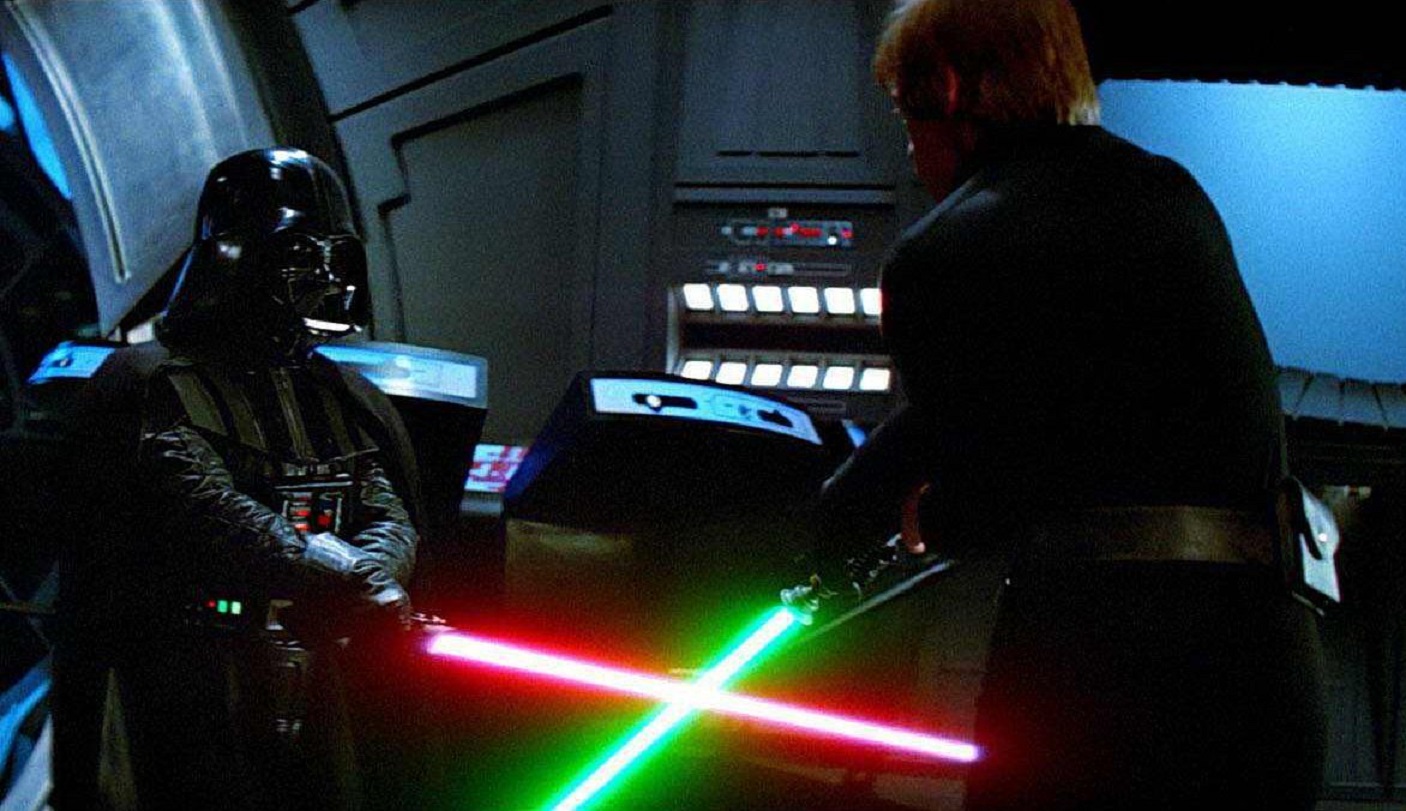 Final showdown between Darth Vader (Dave Prowse) and Luke Skywalker (Mark Hamill) in Star Wars Episode VI Return of the Jedi (1983)