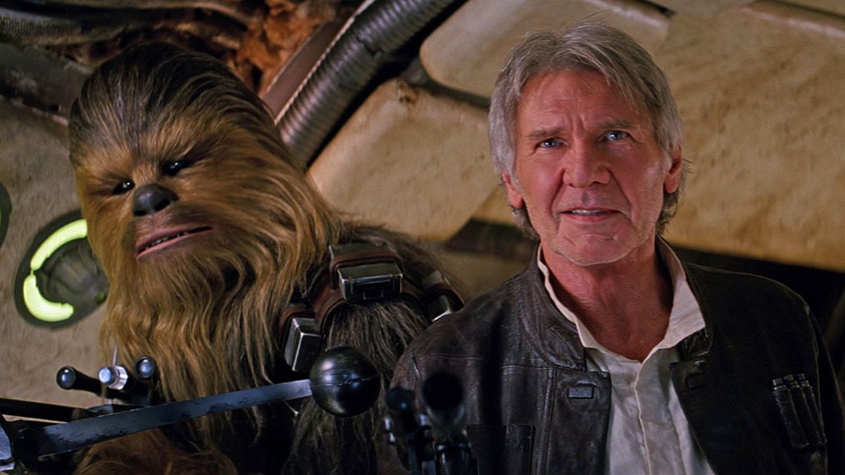 Chewbacca (Peter Mayhew) and Han Solo (Harrison Ford) in Star Wars Episode VII The Force Awakens (2015)