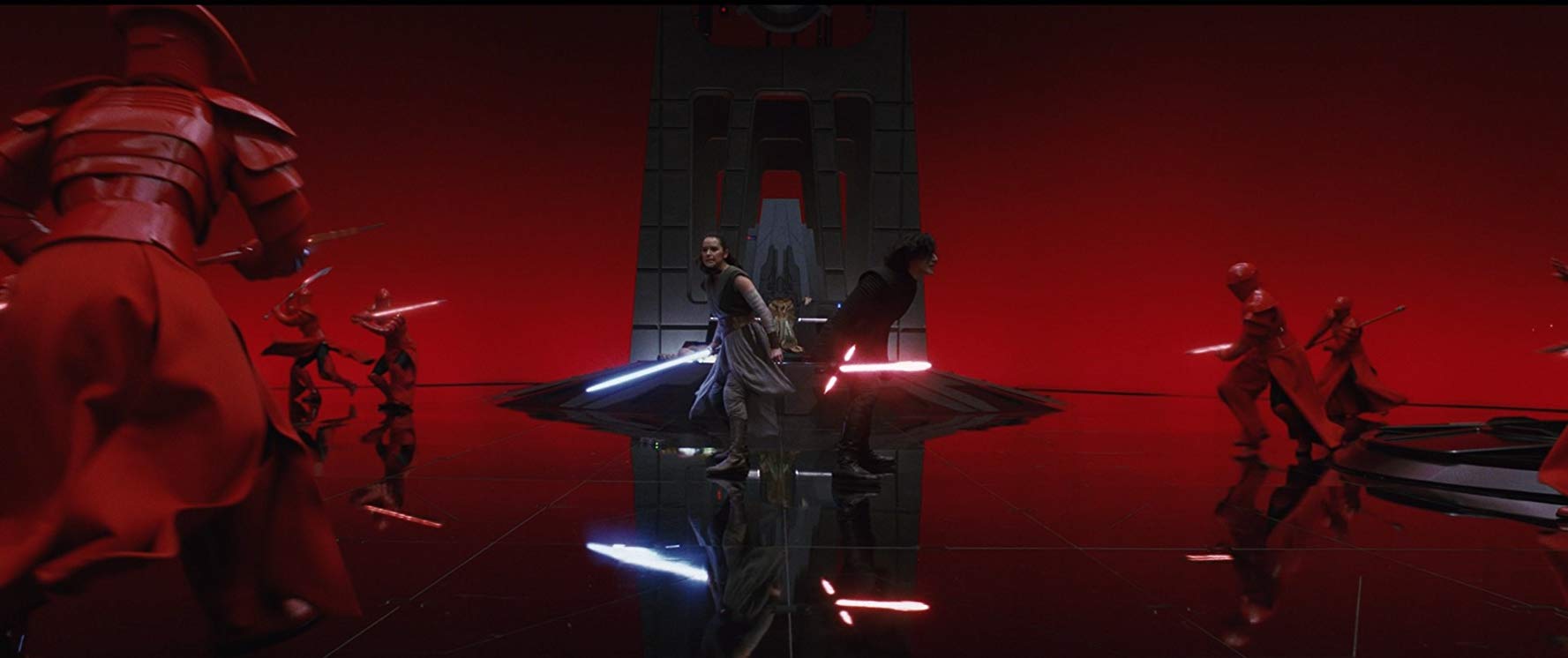 Rey (Daisy Ridley) and Kylo Ren (Adam Driver) in the lightsabre battle in Snoke's throne room in Star Wars: Episode VIII: The Last Jedi (2017)