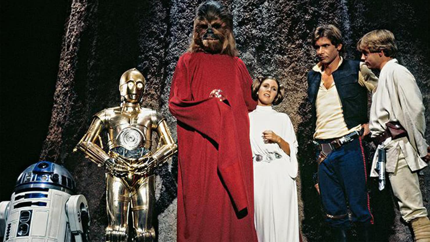 R2D2, C3P0 (Anthony Daniels), Chewbacca (Peter Mayhew), Princess Leia (Carrie Fisher), Han Solo (Harrison Ford) and Luke Skywalker (Mark Hamill) return home for Life Day in The Star Wars Holiday Special (1978)