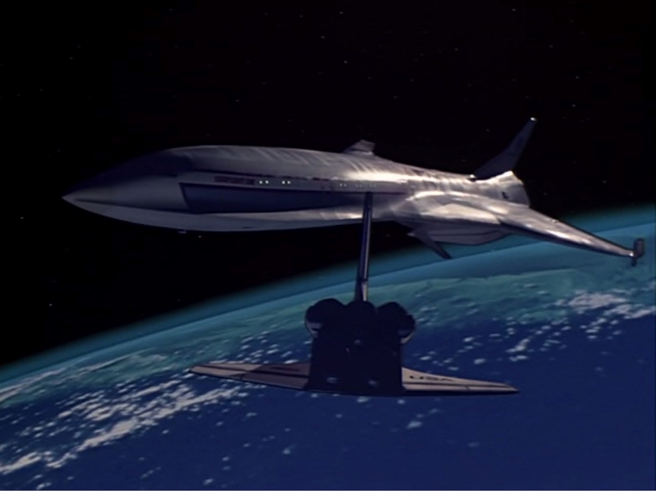 The space shuttle approaches the Starflight 1 in Starflight One (1983)