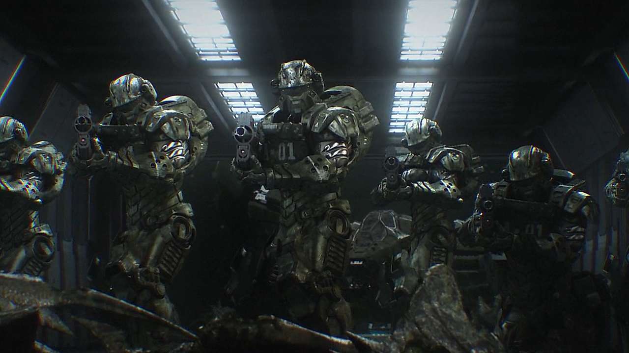 A unit of soldiers enter the deserted ship in Starship: Troopers Invasion (2012)