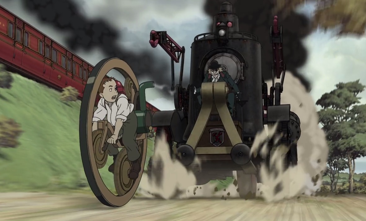 James Ray Steam flees on his steam cycle in Steamboy (2004)