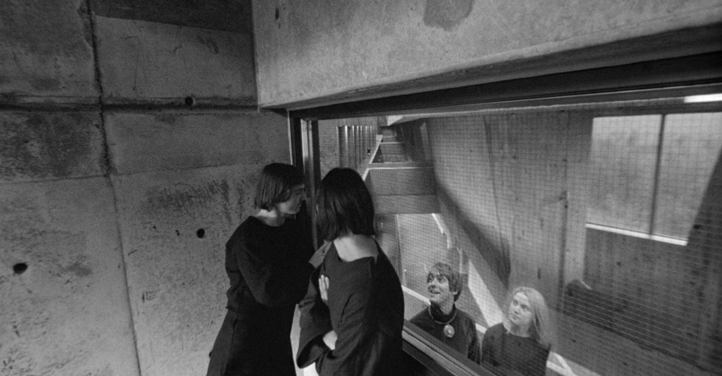 The experimenters in their laboratory (Ronalld Mlodzik third from left) - the unique brutalist architecture of the University of Scarborough in Stereo (1969)