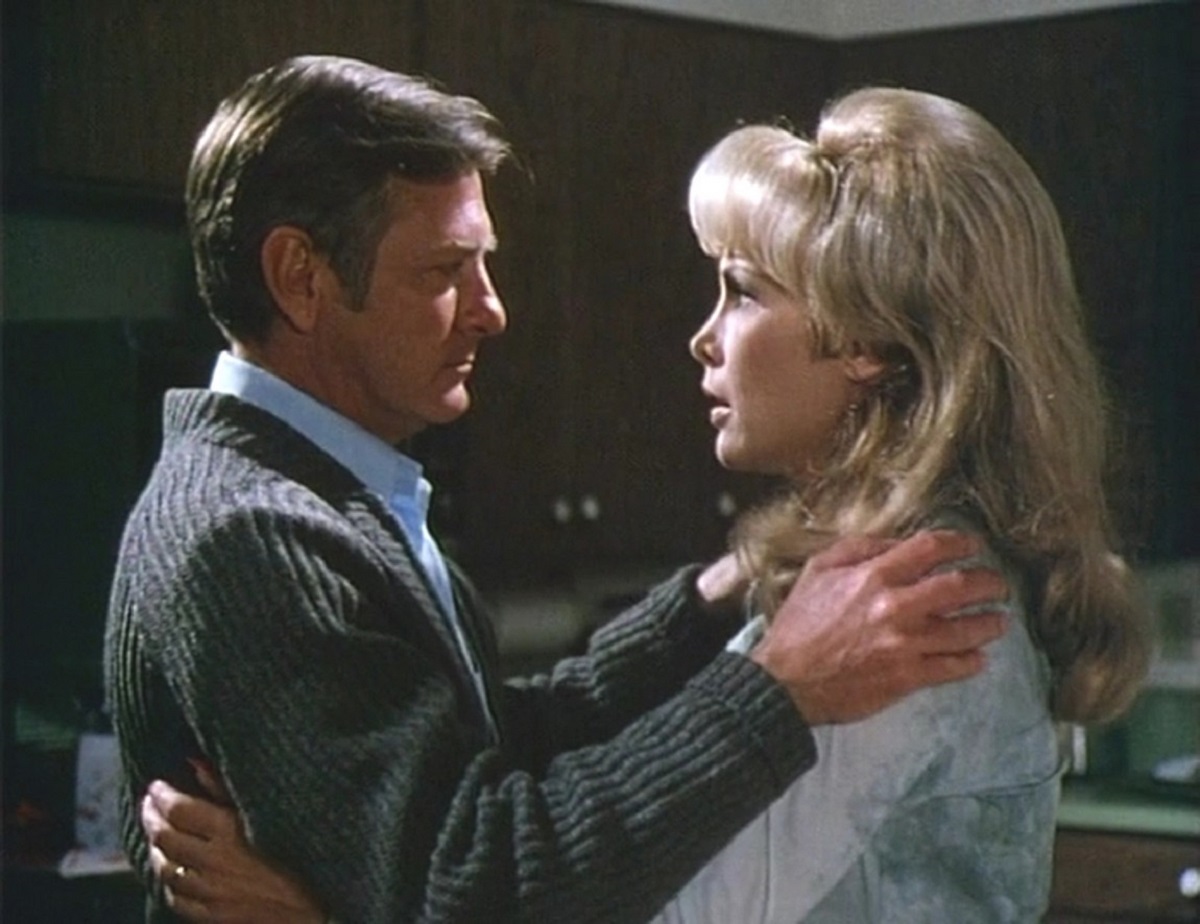 George Grizzard confronts his mysteriously pregnant wife Barbara Eden in The Stranger Within (1974)