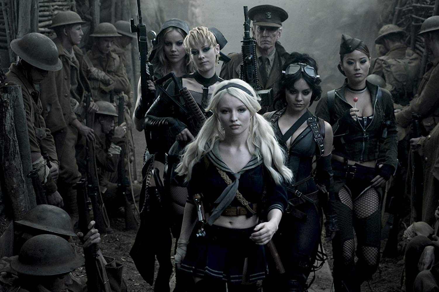 Girls in lingerie on a WWI battlefield - Sweet Pea (Abbie Cornish), Rocket (Jena Malone), Scott Glenn, Blondie (Vanessa Hudgens), Amber (Jamie Chung) and Sweet Pea (Emily Browning) Sucker Punch (2011)