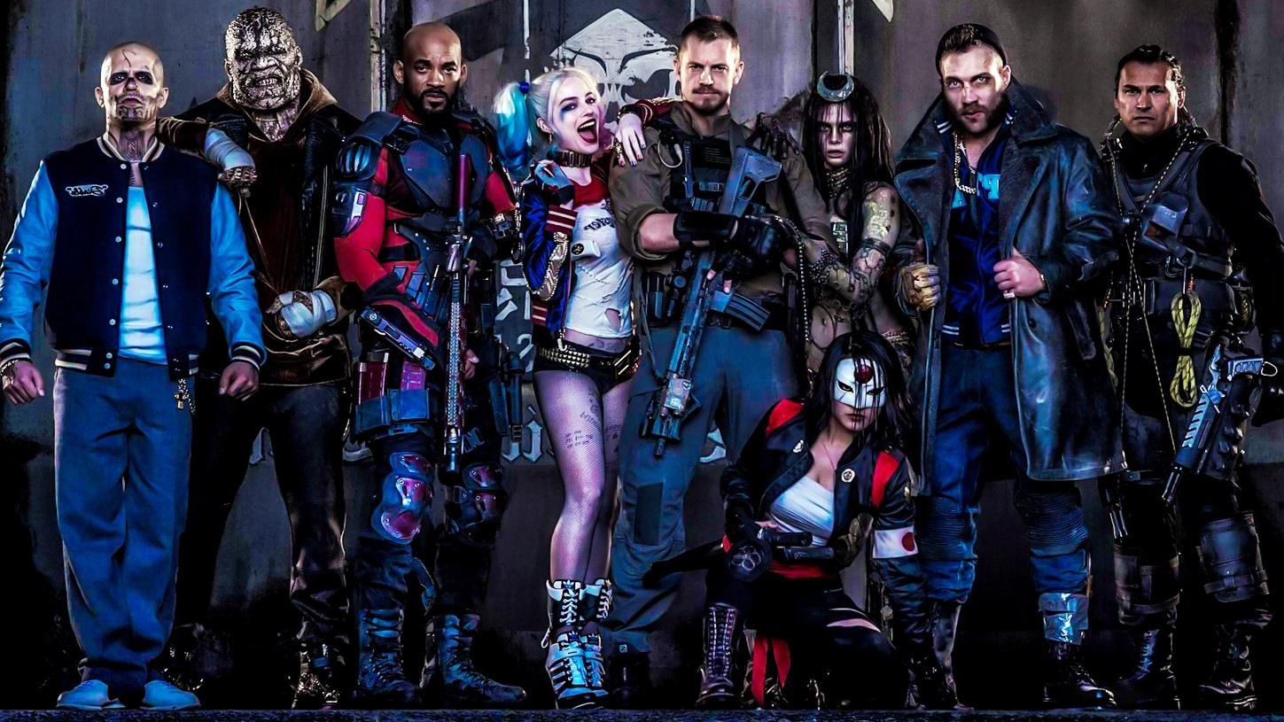 Diablo (Jay Hernandez), Killer Croc (Adewale Akinnuoye-Agbaje), Deadshot (Will Smith), Harley Quinn (Margot Robbie), Rick Flag (Joel Kinnaman), Enchantress (Cara Delevingne), Katana (Karen Fukuhara), Captain Boomerang (Jai Courtney) and Slipknot (Adam Beach) in Suicide Squad (2016)