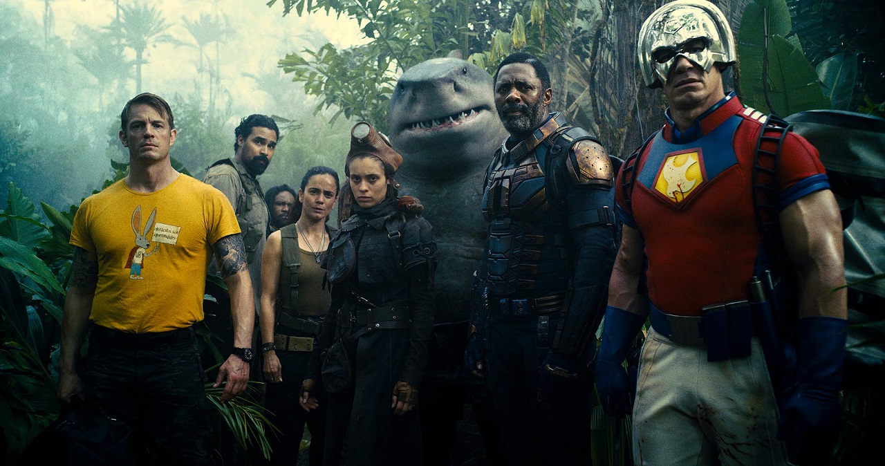 Colonel Rick Flag (Joel Kinnaman), Sol Soria (Alice Braga), Ratcatcher (Daniela Melchior), King Shark (voiced by Sylvester Stallone), Bloodsport (Idris Elba) and Peacemaker (John Cena) in The Suicide Squad (2021)