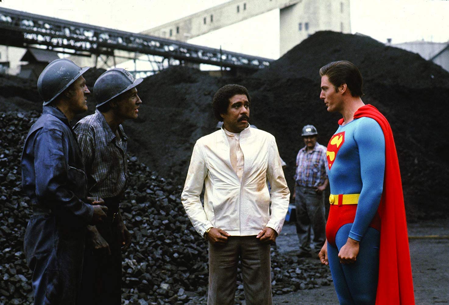 Superman (Christopher Reeve) (r) paired with a mismatched Richard Pryor (c) in Superman III (1983)