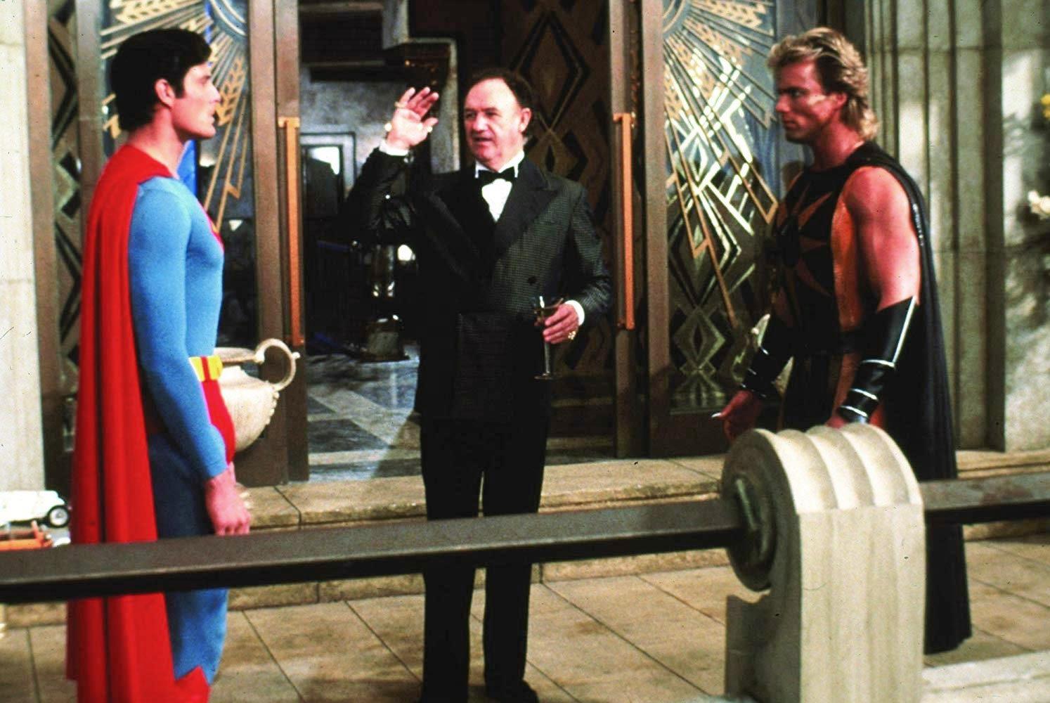 Lex Luthor (Gene Hackman) introduces Superman (Christopher Reeve) to Nuclear Man (Mark Pillow) in Superman IV The Quest for Peace (1987)