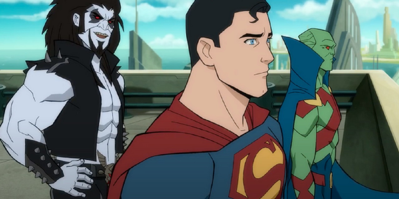 Lobo (voiced by Ryan Hurst), Superman (voiced by Darren Criss) and Martian Manhunter (voiced by Ike Amadi) in Superman: Man of Tomorrow (2020)