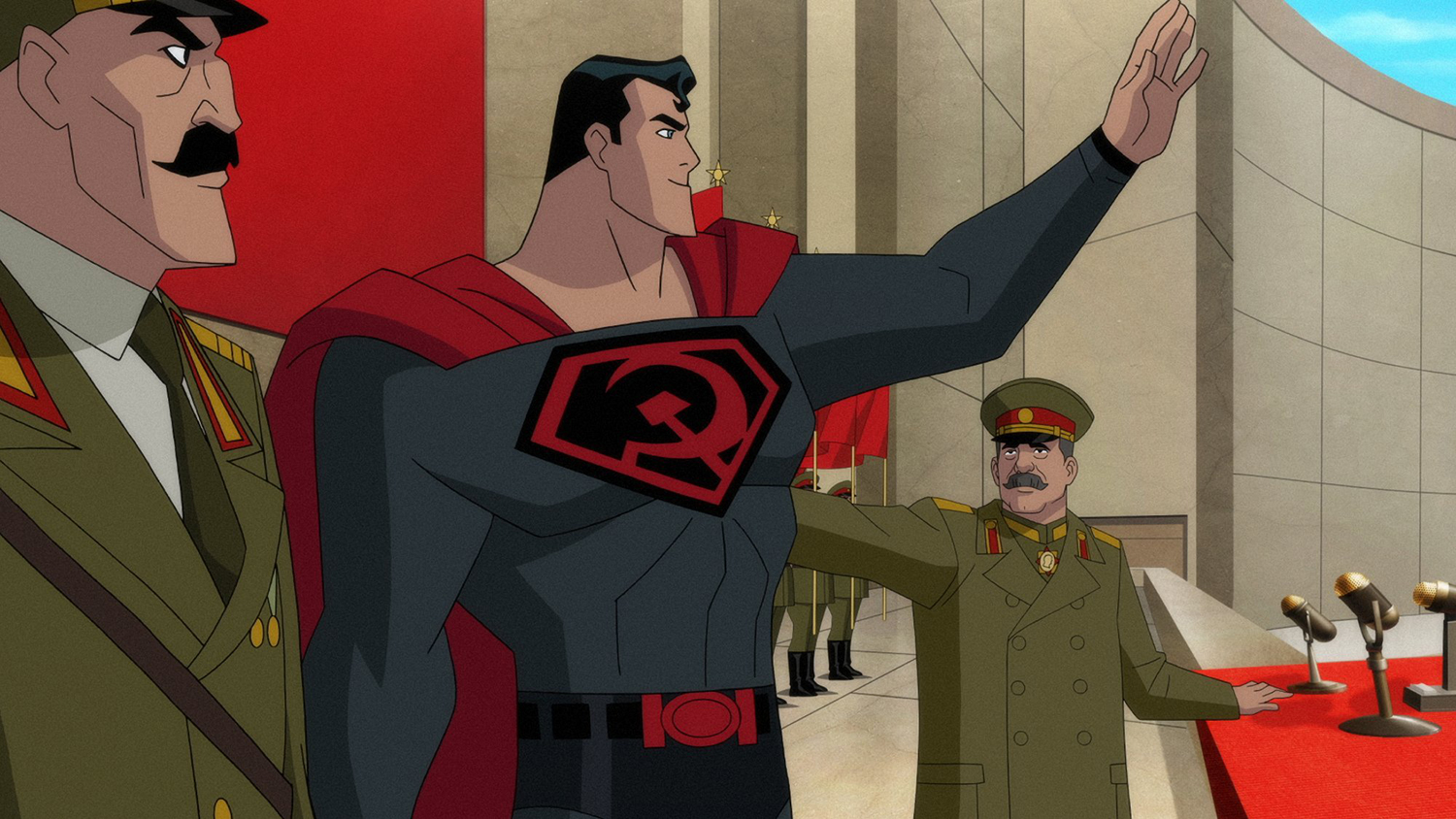 Superman (voiced by Jason Isaacs) with Soviet premier Joseph Stalin (voiced by William Salyers) in Superman: Red Son (2020)