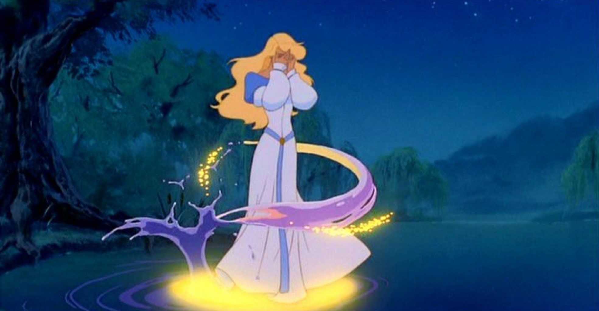 Odette (voiced by Michelle Nicastro) begins her transformation into a swan in The Swan Princess (1994)