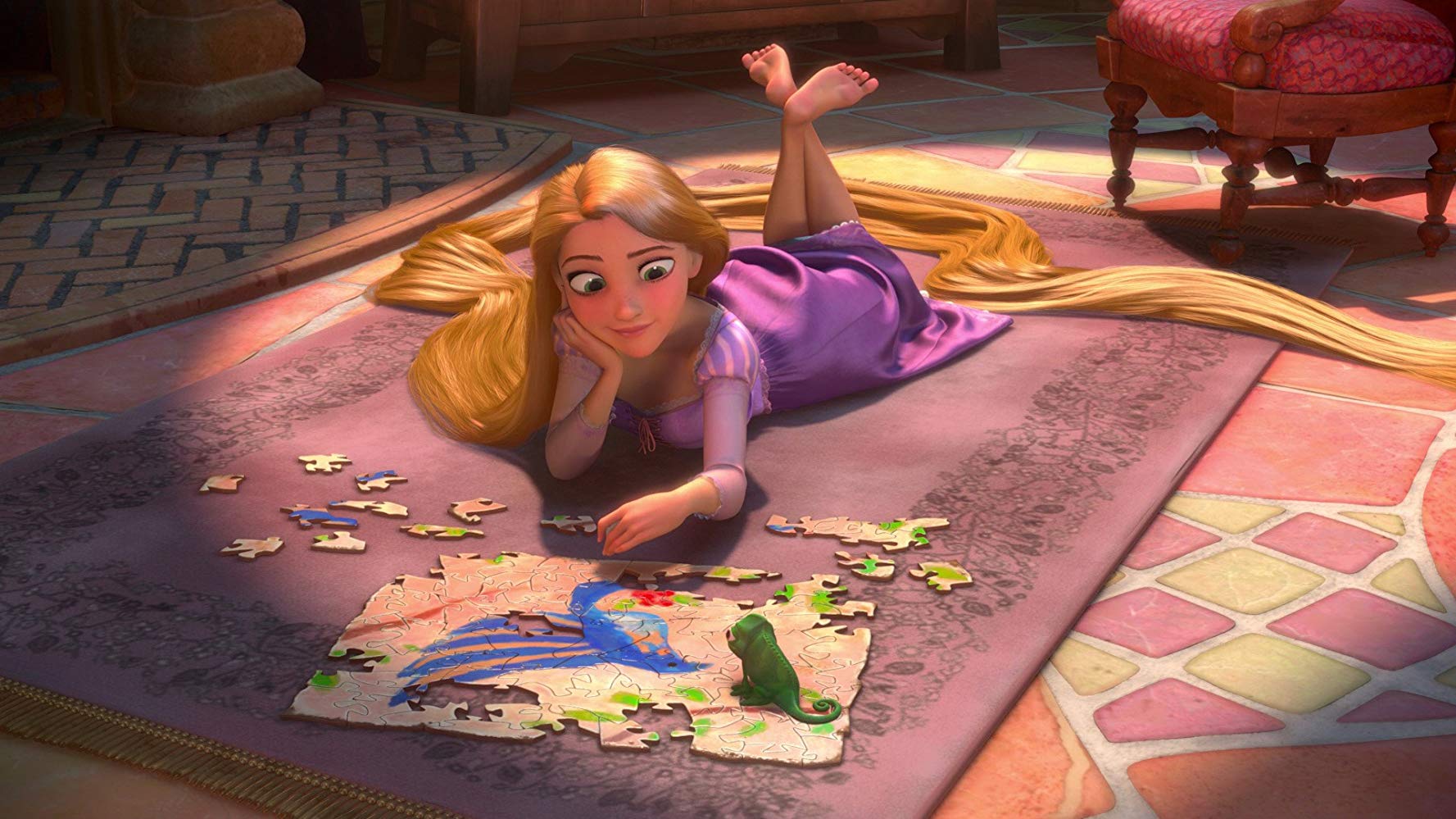 An imprisoned Rapunzel (voiced by Mandy Moore) along with her chameleon companion Pascal in Tangled (2010)