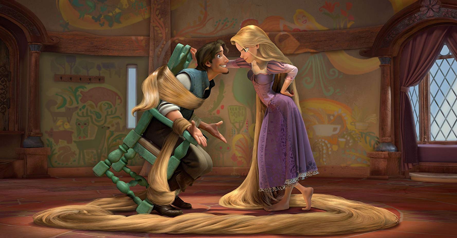 Rapunzel (voiced by Mandy Moore) along with an imprisoned Flynn Rider (voiced by Zachary Levi) in Tangled (2010)