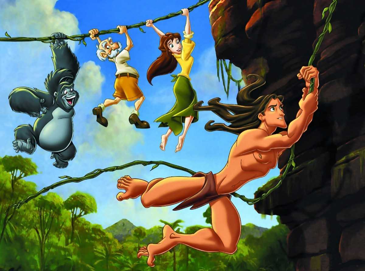 Vine swinging antics - (l to r) Terk (voiced by Rosie O'Donnell), Professor Porter (voiced by Nigel Hawthorne), Jane (voiced by Minnie Driver) and Tarzan (voiced by Tony Goldwyn) in Tarzan (1999)