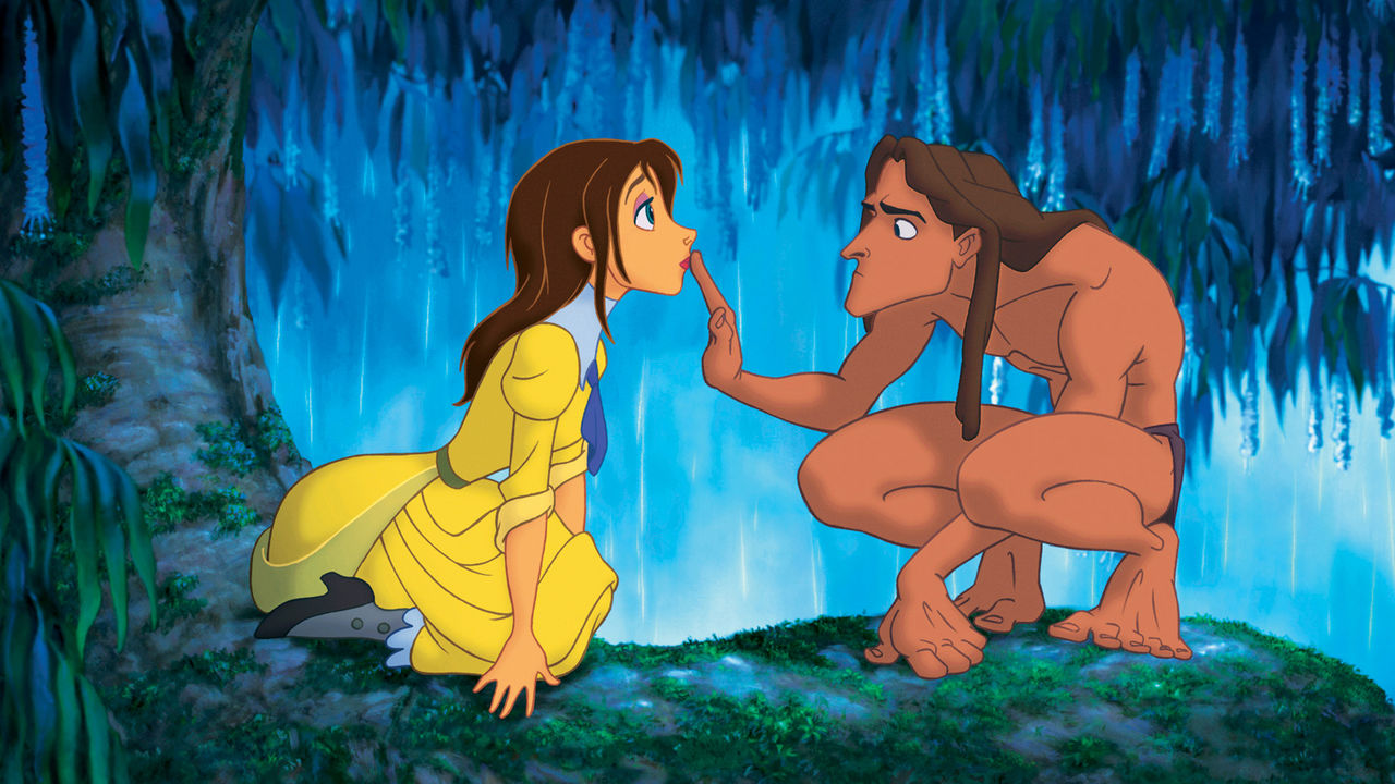 Tarzan (voiced by Tony Goldwyn) meets Jane (voiced by Minnie Driver) in Tarzan (1999)