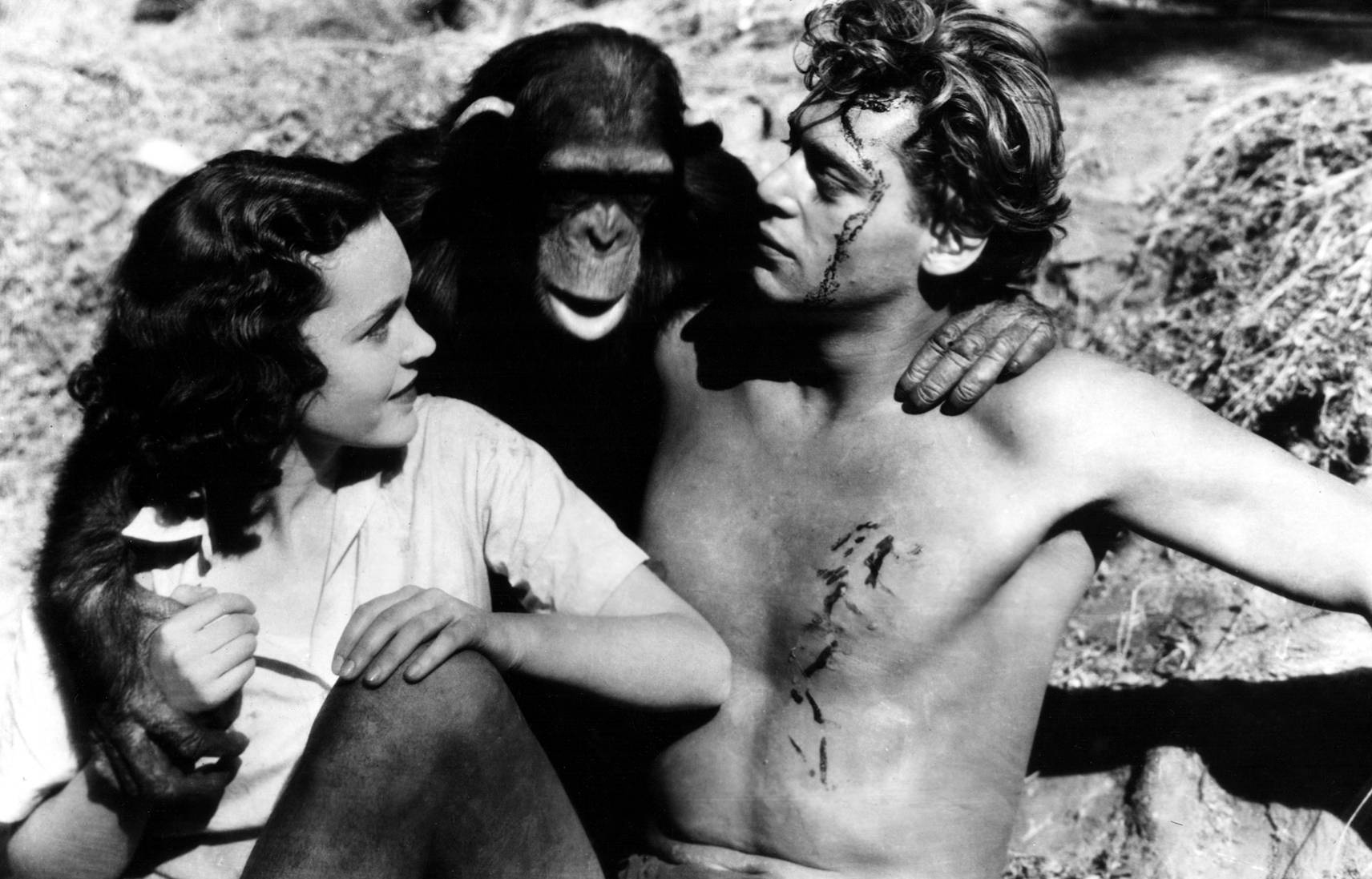 Tarzan (Johnny Weissmuller), Jane (Maureen O'Sullivan) and Cheeta in Tarzan the Ape Man (1932)