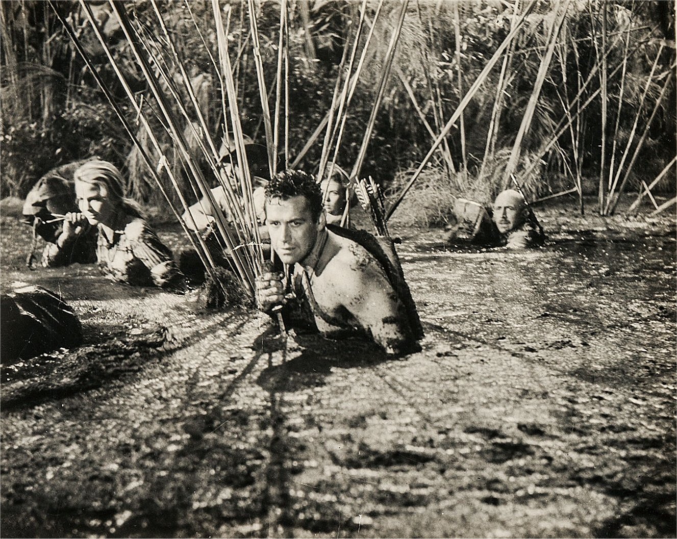 Tarzan (Gordon Scott) (c) leads the expedition consisting of - (l to r) Betta St John Charles Tingwell, Alexandra Stewart and Lionel Jeffries in Tarzan the Magnificent (1960)