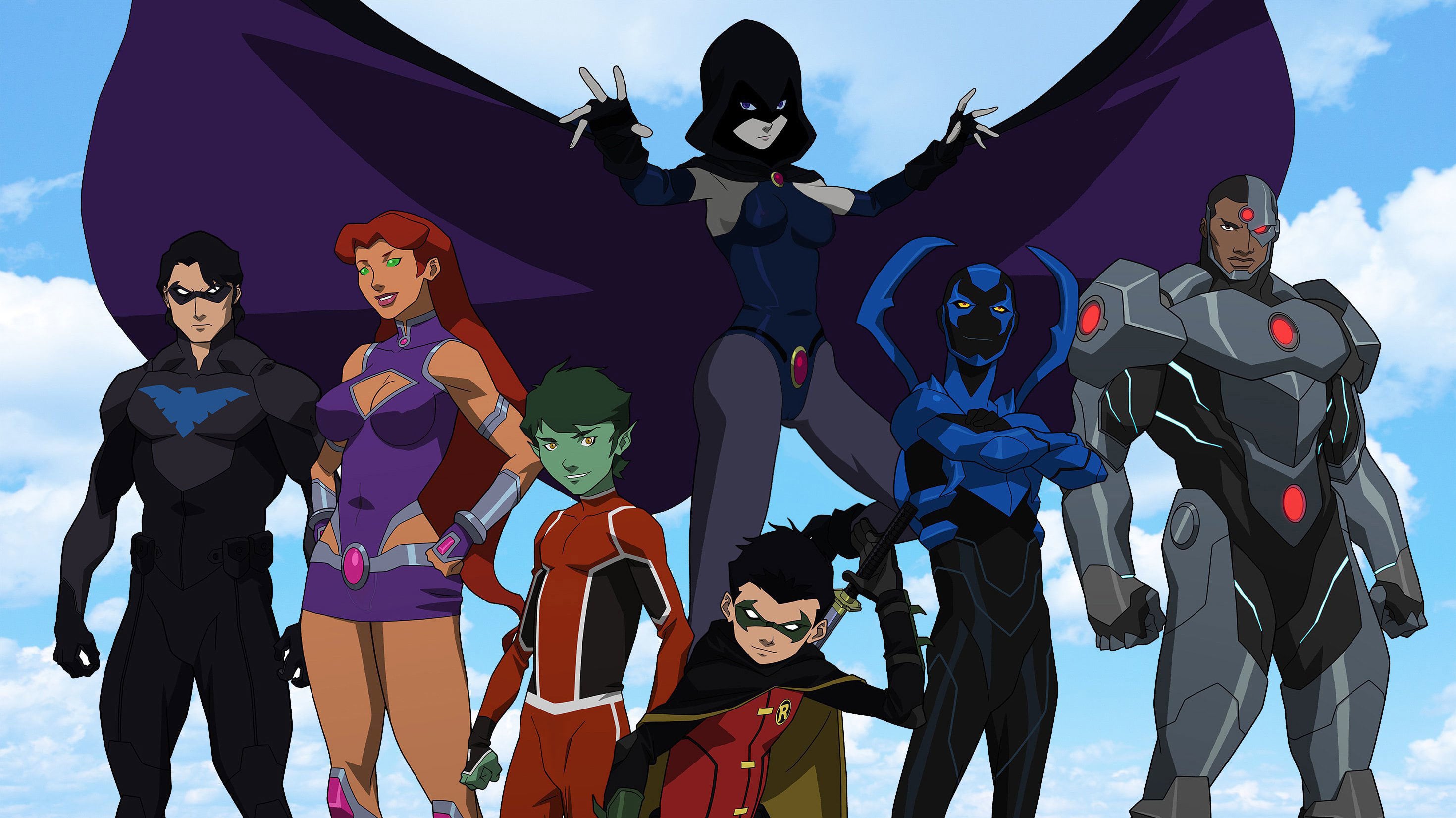 Nightwing, Starfire, Beast Boy, Raven, Damian Wayne/Robin, Blue Beetle and Cyborg in Teen Titans The Judas Contract (2017)