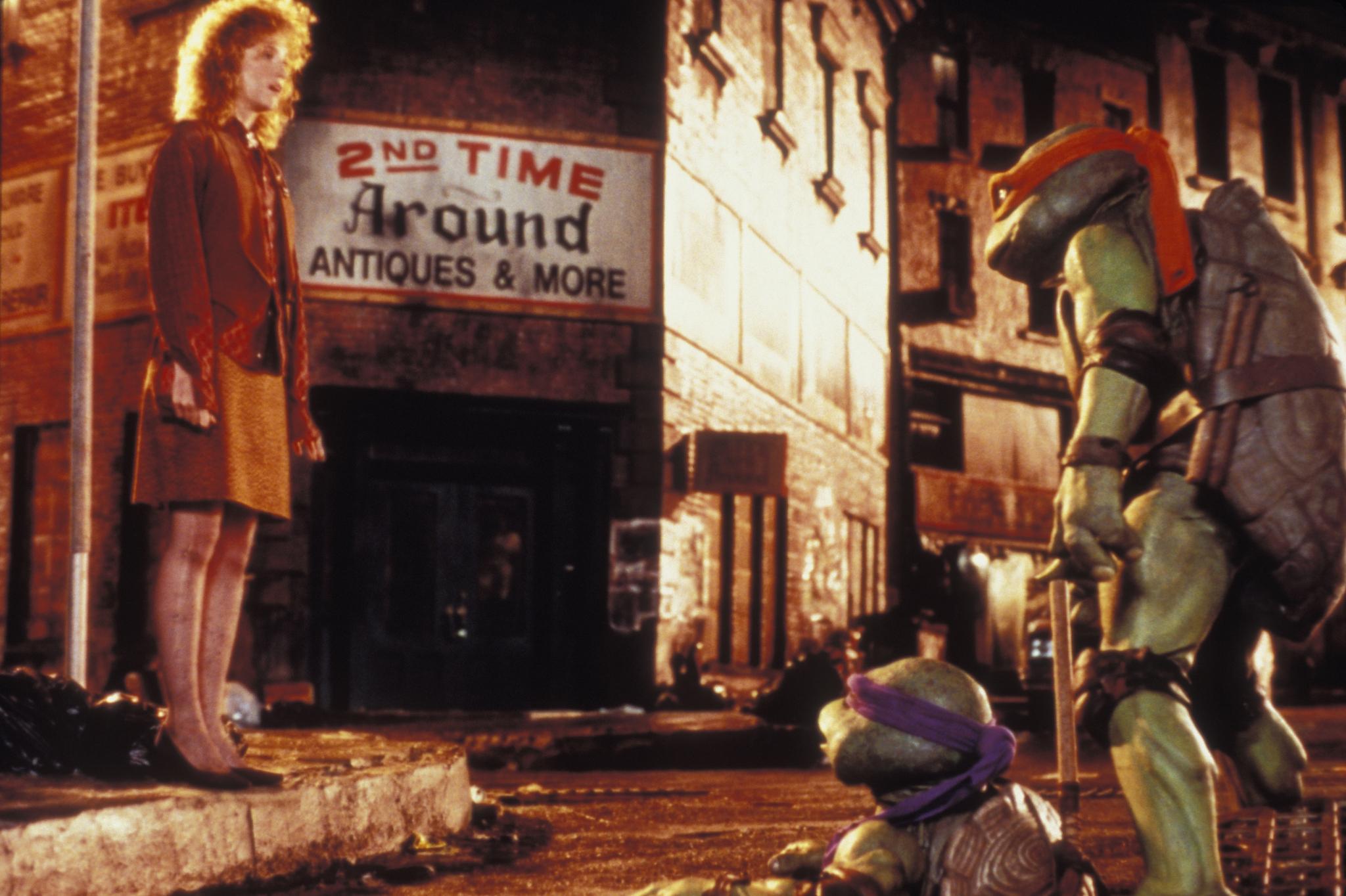 The Turtles meet April O'Neil (Judith Hoag) in Teenage Mutant Ninja Turtles (1990)