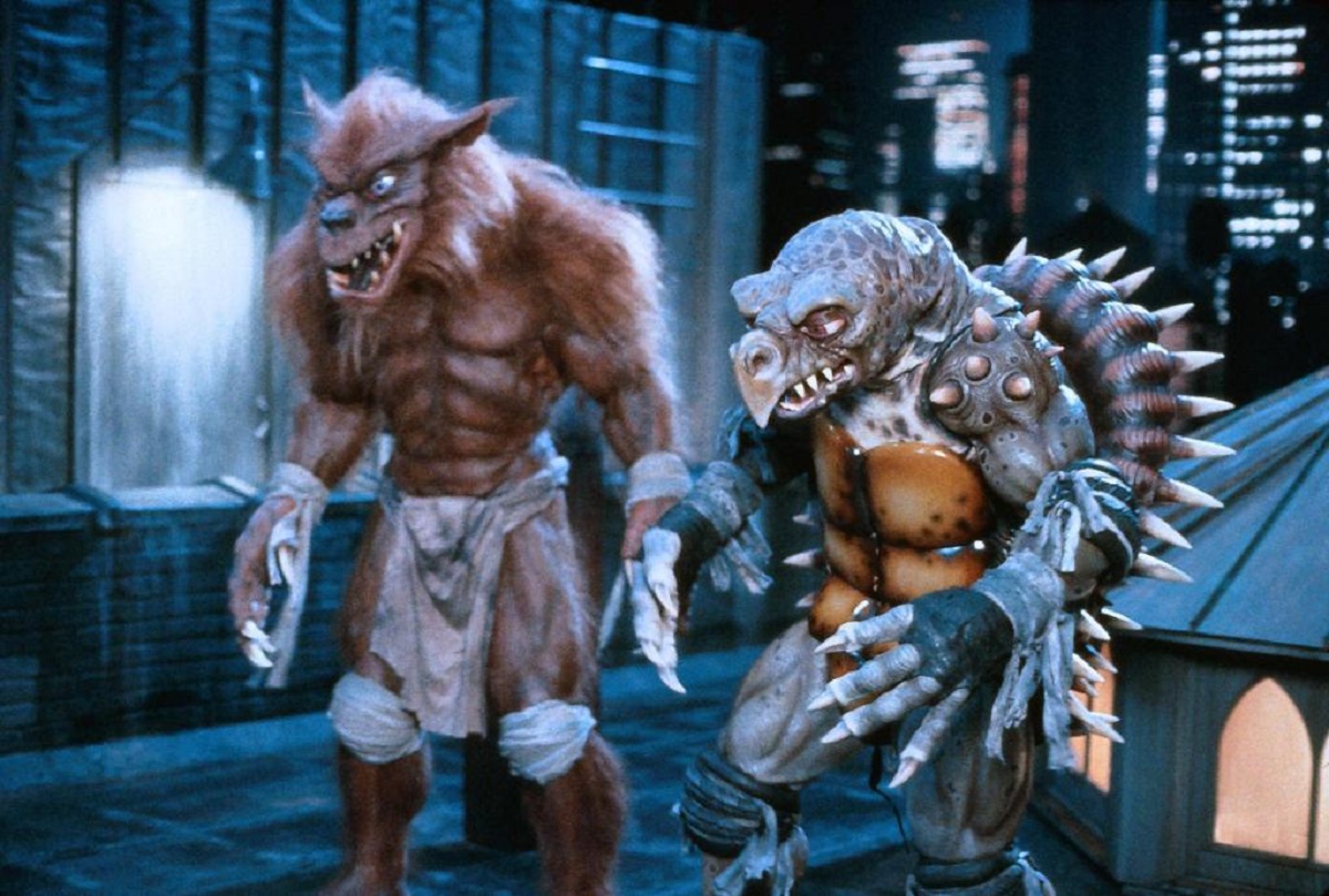 The new mutant creatures - (l to r) Rhaza (Mark Ghinter) and Tokkar (Kurt Bryant) in Teenage Mutant Ninja Turtles II: The Secret of the Ooze (1991)