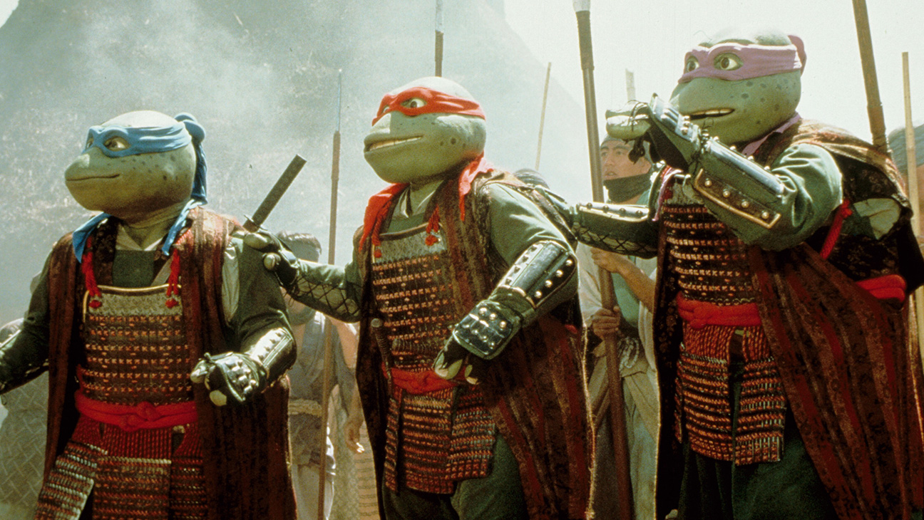 The Turtles back in time in feudal Japan dressed as samurai - (l to r) Leonardo, Michelangelo and Donatello in Teenage Mutant Ninja Turtles III (1993)