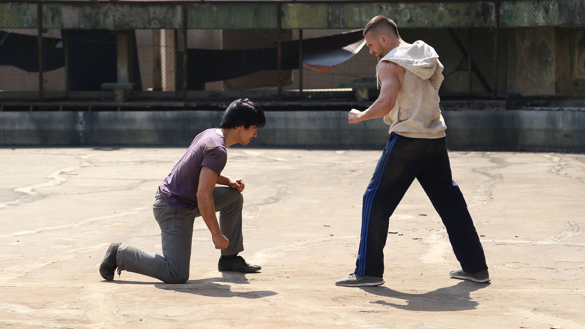 Kane Kosugi (l) in the arena in Tekken: A Man Called X (2014)