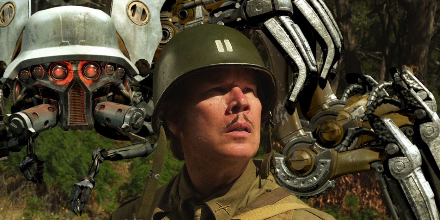 Commanding officer Jim Knobeloch faces a Nazi mechanical spider cyborg in The 25th Reich (2012)