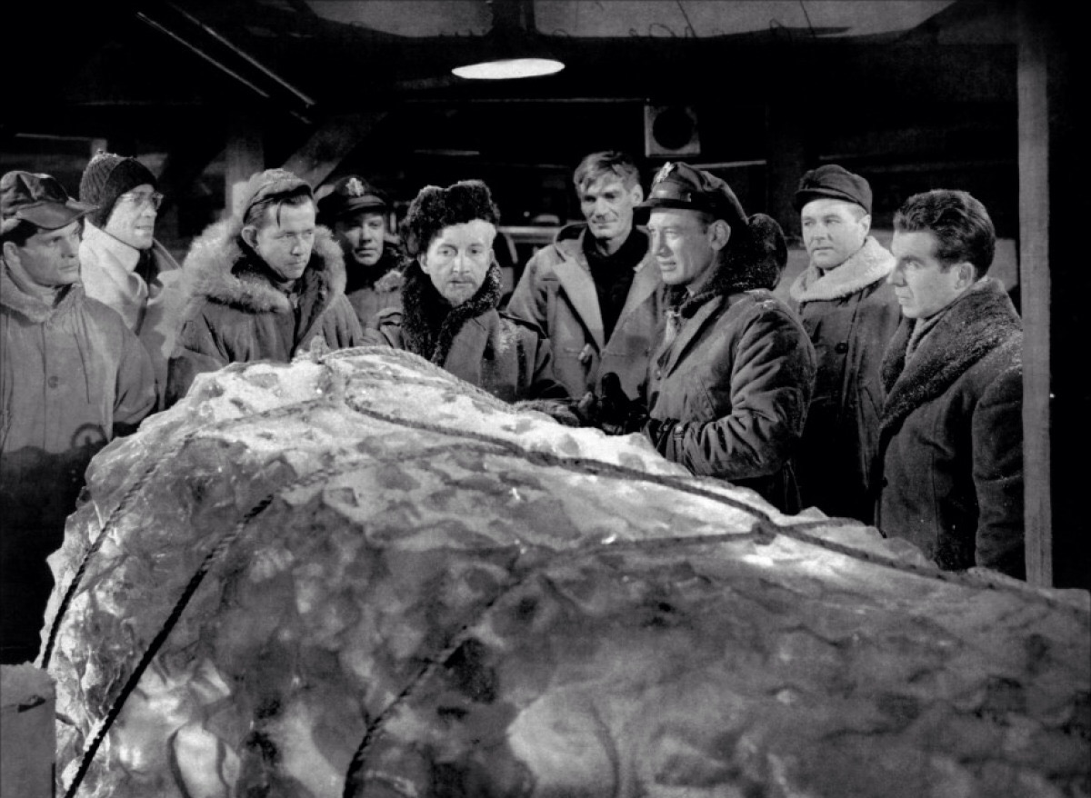 The men prepare to unthaw The Thing with Robert Cornthwaite (centre l) and Kenneth Tobey (centre r) in The Thing from Another World (1951) 